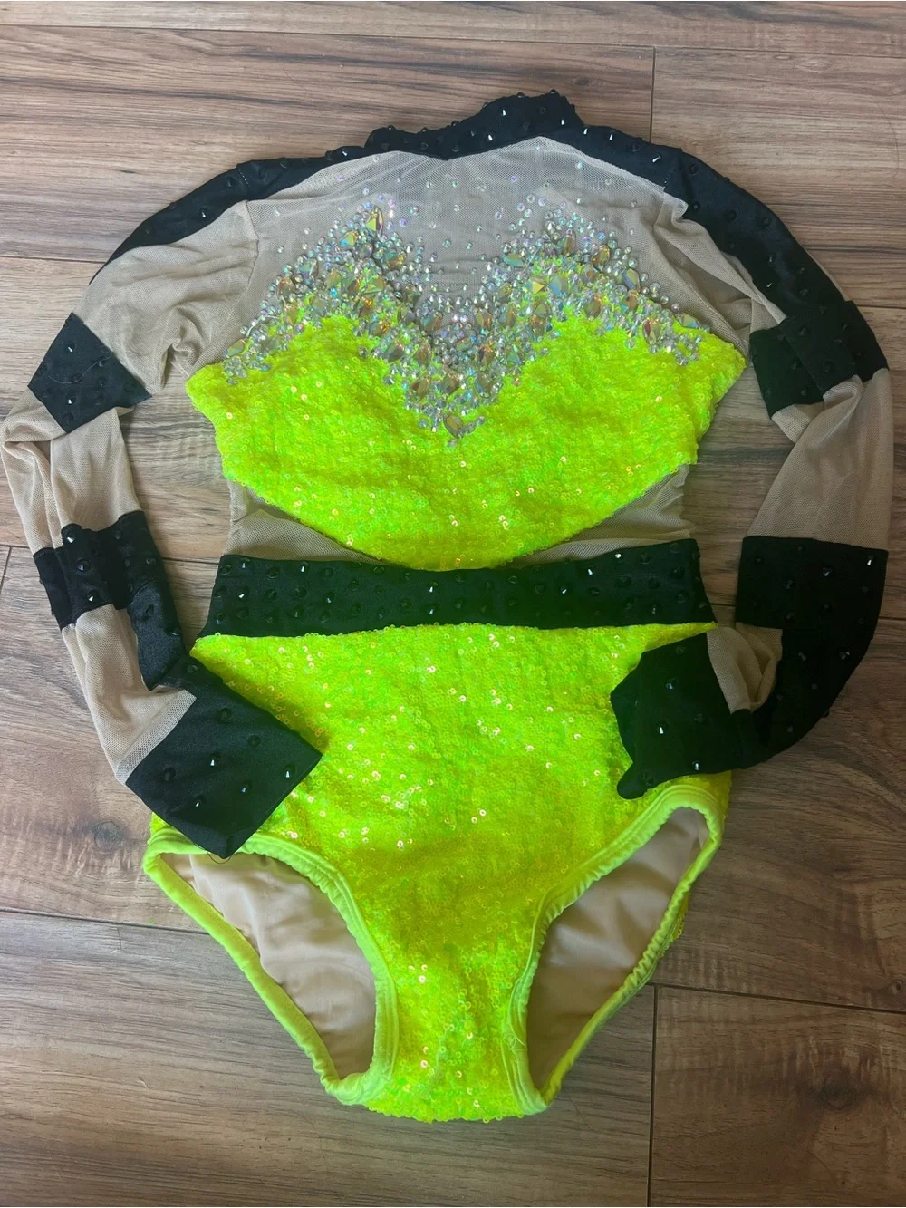 Glamour Neon Yellow & Black Dance Costume with Rhinestones